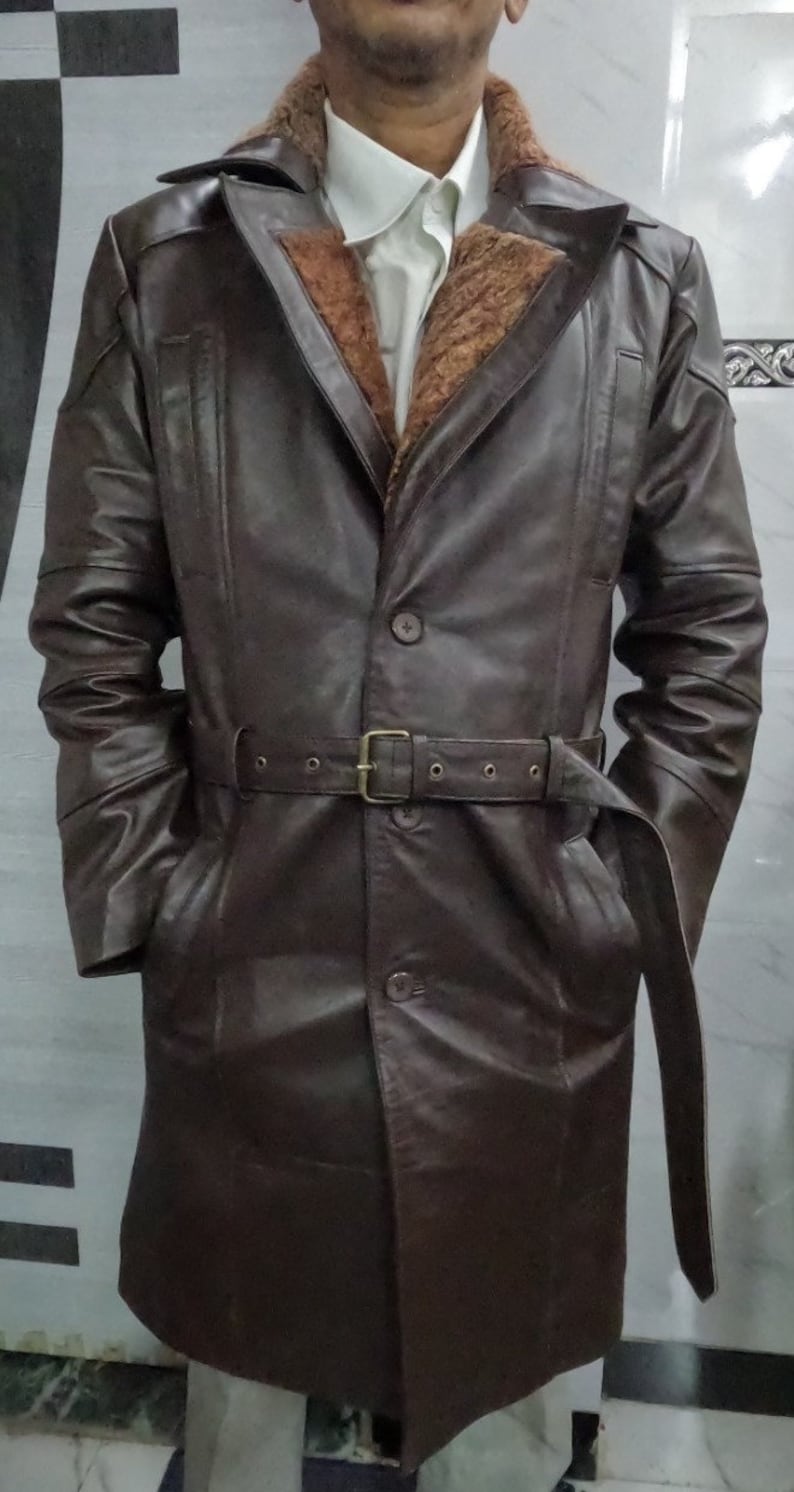 Mens BROWN Leather Trench Coat Single Breasted Leather OVERCOAT For Mens Handmade Real SHEEPSKIN Fur Leather Trench Winter Long Coat image 6