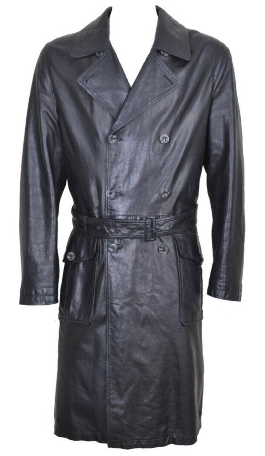 Mens BLACK Leather Trench Coat Double Breasted Leather OVERCOAT for Men Real Lambskin Leather