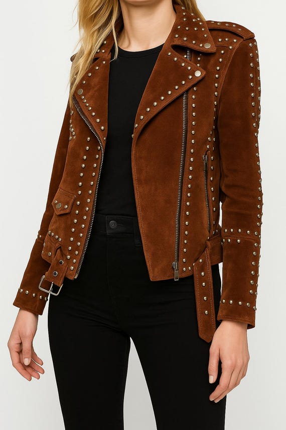 Womens BROWN Suede Leather Jacket | Womens Suede Round Antique