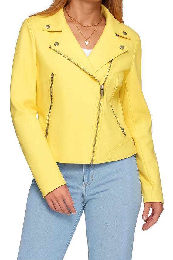 Noorani Lambskin Womens LEATHER JACKET Light YELLOW | Stylish Motorcycle Yellow Biker Leather Jacket | Womens Bomber Leather Jacket Yellow