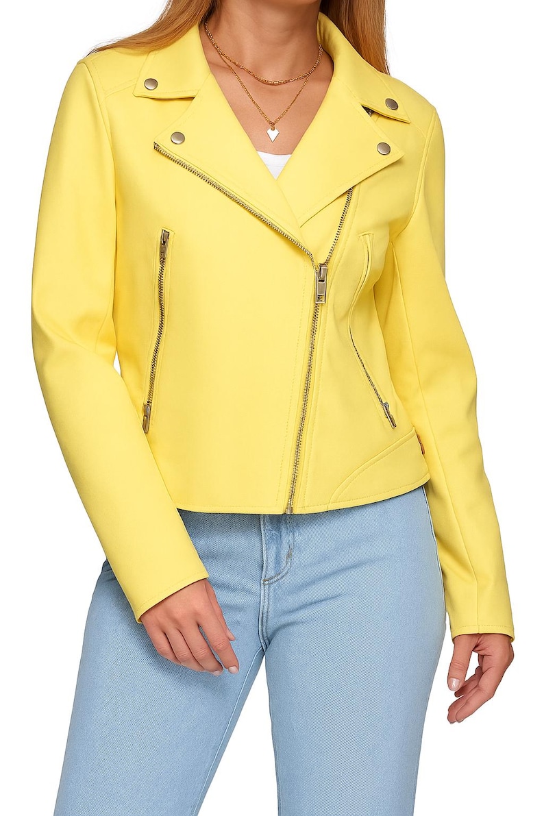 Noorani Lambskin Womens LEATHER JACKET Light YELLOW | Stylish Motorcycle Yellow Biker Leather Jacket | Womens Bomber Leather Jacket Yellow image 1