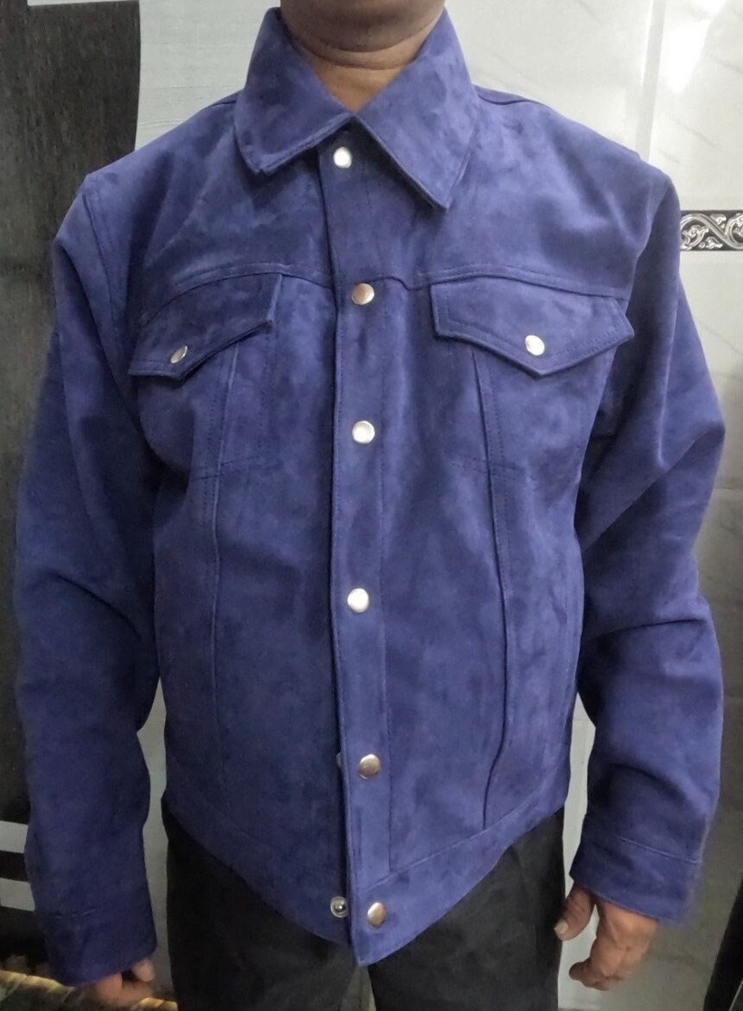 Noorani Mens BLUE Suede Shirt Suede TRUCKER Jacket for Mens Denim Style ...