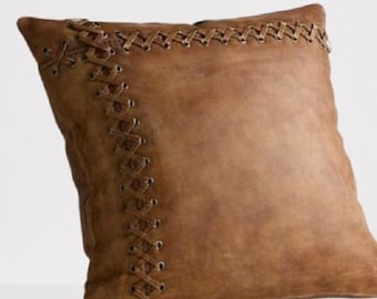 Distress BROWN Leather Pillow Cover | Braided Style SQUARE Leather Cushion Case| Leather Throw Cover For Decorative Home, Living Lumber Case