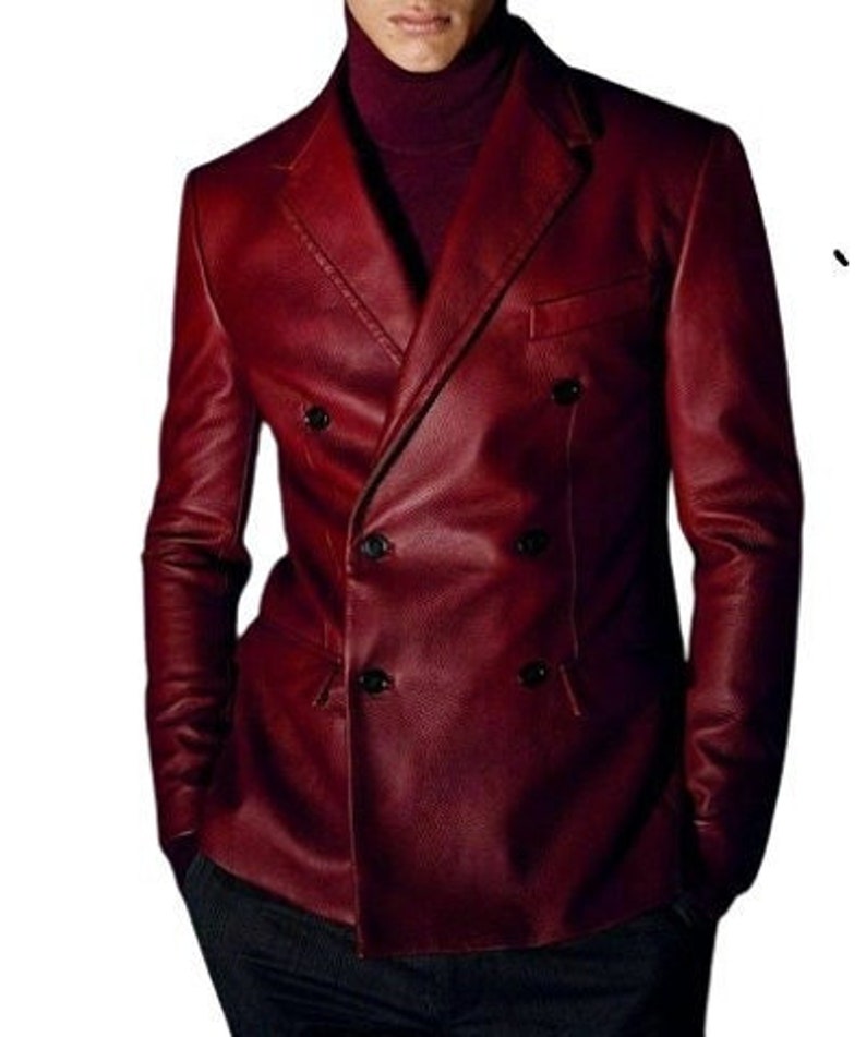 Noorani Mens Leather Blazer | Blood RED FORMAL Blazer, Western MEETING Party Blazer | Slim Fit Leather Coat | Gift For Winter, Christmas image 2
