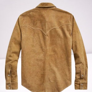 Men's TAN Suede Shirt | Suede TRUCKER Jacket For Mens | Suede Leather Western COWBOY Trucker Shirt | Denim Style Suede Shirt Fr Men - Tan image 2