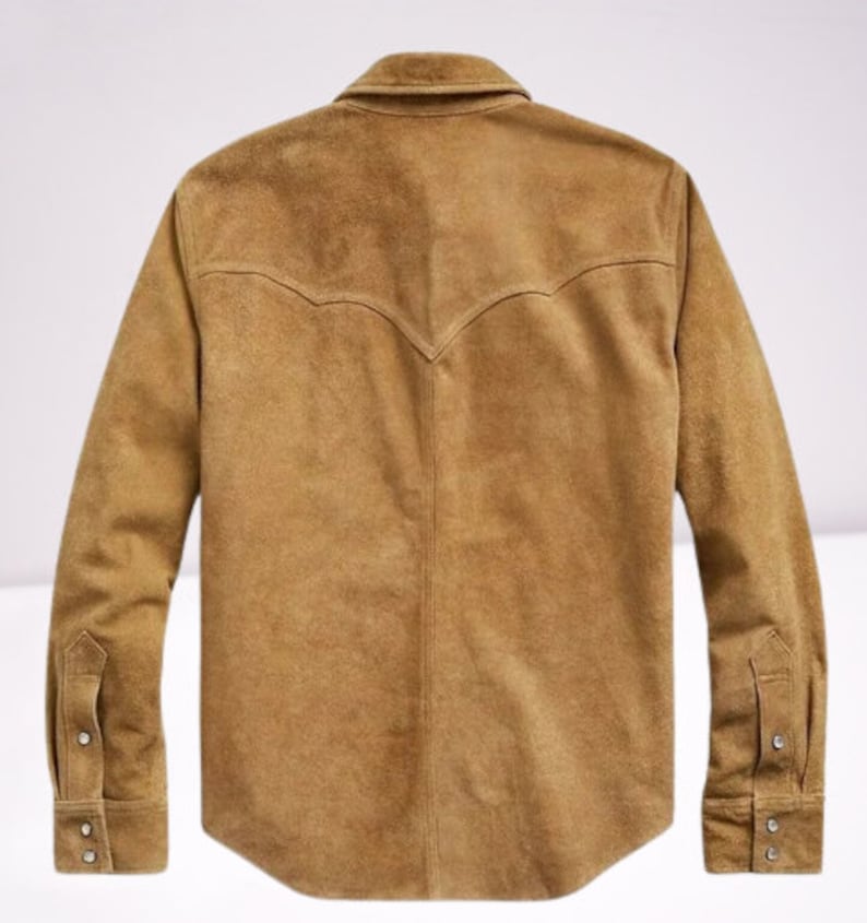 Men's TAN Suede Shirt | Suede TRUCKER Jacket For Mens | Suede Leather Western COWBOY Trucker Shirt | Denim Style Suede Shirt Fr Men - Tan image 2