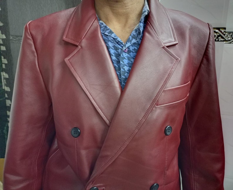 Noorani Mens Leather Blazer | Blood RED FORMAL Blazer, Western MEETING Party Blazer | Slim Fit Leather Coat | Gift For Winter, Christmas image 3