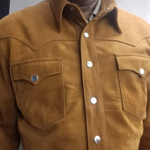 Men's TAN Suede Shirt | Suede TRUCKER Jacket For Mens | Suede Leather Western COWBOY Trucker Shirt | Denim Style Suede Shirt Fr Men - Tan image 4