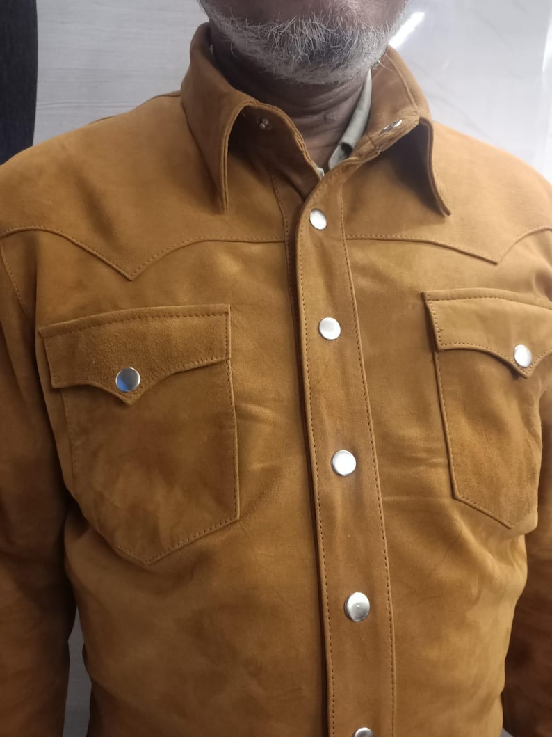 Men's TAN Suede Shirt | Suede TRUCKER Jacket For Mens | Suede Leather Western COWBOY Trucker Shirt | Denim Style Suede Shirt Fr Men - Tan image 4