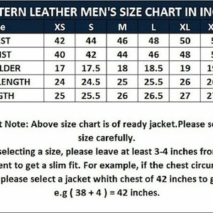May include: A size chart for men's leather jackets in inches. The chart shows the measurements for chest, waist, shoulder, sleeve length, and length in inches for sizes XS to XXXL.