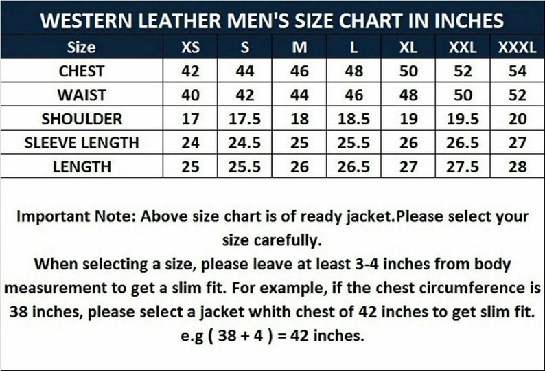May include: A size chart for men's leather jackets in inches. The chart shows the measurements for chest, waist, shoulder, sleeve length, and length in inches for sizes XS to XXXL.