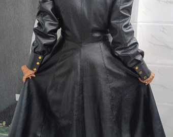 Womens Real Calfskin BLACK Leather Long Coat, Celebrity Leather