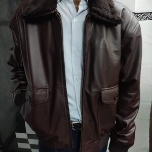 Noorani Mens BOMBER Navy G1 Flight BROWN Genuine AVIATOR Sheep Leather Jacket | Handmade Shearling Fur Real Leather Jacket | Ribbed Jacket image 8