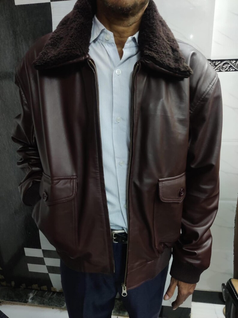 Noorani Mens BOMBER Navy G1 Flight BROWN Genuine AVIATOR Sheep Leather Jacket | Handmade Shearling Fur Real Leather Jacket | Ribbed Jacket image 8