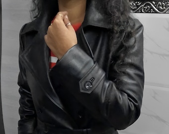 Women BLACK Leather Trench Coat | MIDI Lambskin Leather Trench Coat - Women Solid Casual DOUBLE-Breasted Leather Trench Coat with Waist Belt