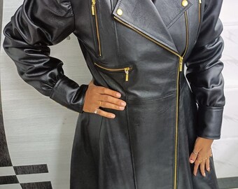 Womens Real Calfskin BLACK Leather Long Coat, Celebrity Leather