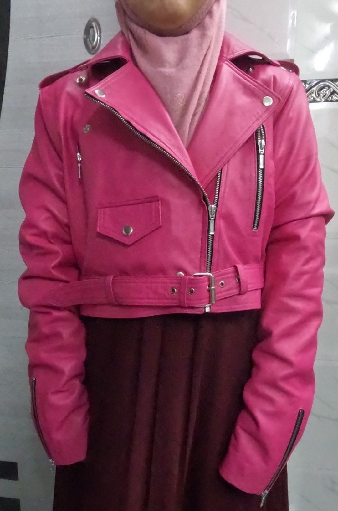 Noorani Womens Hot Pink Leather Jacket CROPPED Motor Bolero Shrug Biker