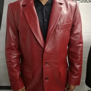 Noorani Men Blood RED Leather Blazer | Slim Fit FORMAL Leather Blazer | Sheepskin Leather 2 Button Closure Blazer | Wedding Partywear Blazer image 3