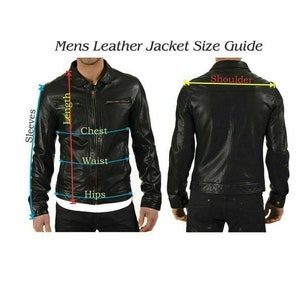 May include: A black leather jacket size guide with measurements for chest, waist, hips, sleeves, and shoulder.