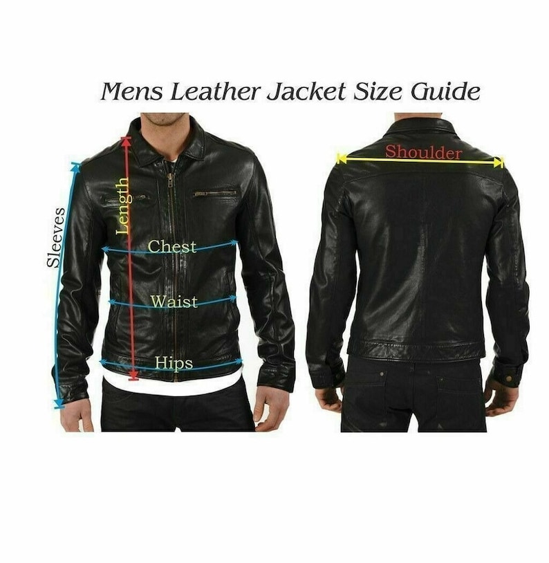 May include: A black leather jacket size guide with measurements for chest, waist, hips, sleeves, and shoulder.