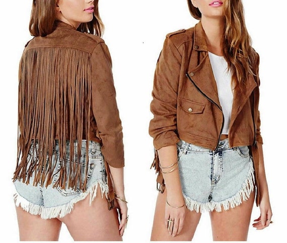 Veste a frange femme marron sale