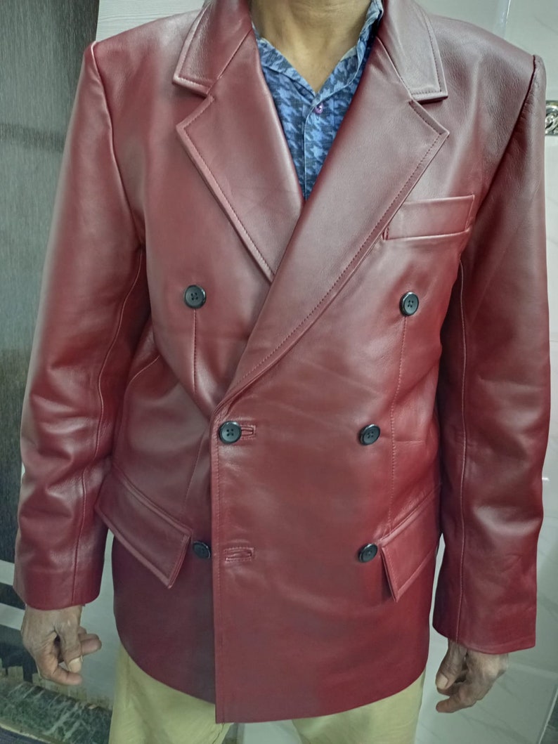 Noorani Mens Leather Blazer | Blood RED FORMAL Blazer, Western MEETING Party Blazer | Slim Fit Leather Coat | Gift For Winter, Christmas image 5