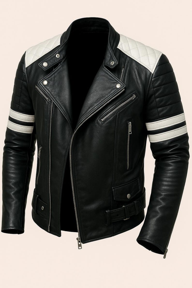 May include: A black leather motorcycle jacket with white stripes on the sleeves and white panels on the shoulders. The jacket has a zipper closure and a belt at the waist.
