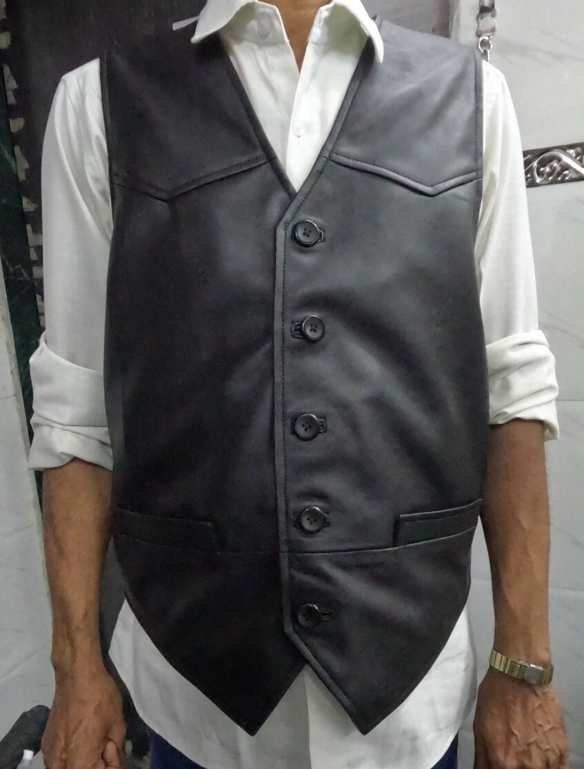 Mens Black Sheepskin Leather Vest Coat | Gentlemen Leather Waist Coat | Formal Leather Vest | Sleeveless Cow Boy Style Vest, Party Wear Vest