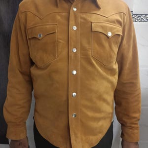 Men's TAN Suede Shirt | Suede TRUCKER Jacket For Mens | Suede Leather Western COWBOY Trucker Shirt | Denim Style Suede Shirt Fr Men - Tan image 3