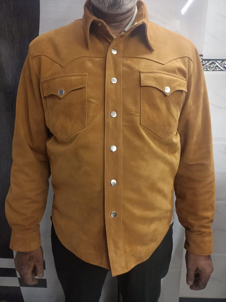 Men's TAN Suede Shirt | Suede TRUCKER Jacket For Mens | Suede Leather Western COWBOY Trucker Shirt | Denim Style Suede Shirt Fr Men - Tan image 3