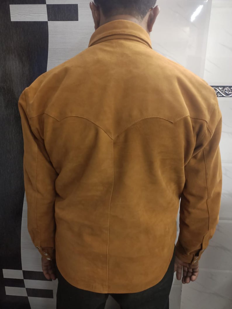 Men's TAN Suede Shirt | Suede TRUCKER Jacket For Mens | Suede Leather Western COWBOY Trucker Shirt | Denim Style Suede Shirt Fr Men - Tan image 6