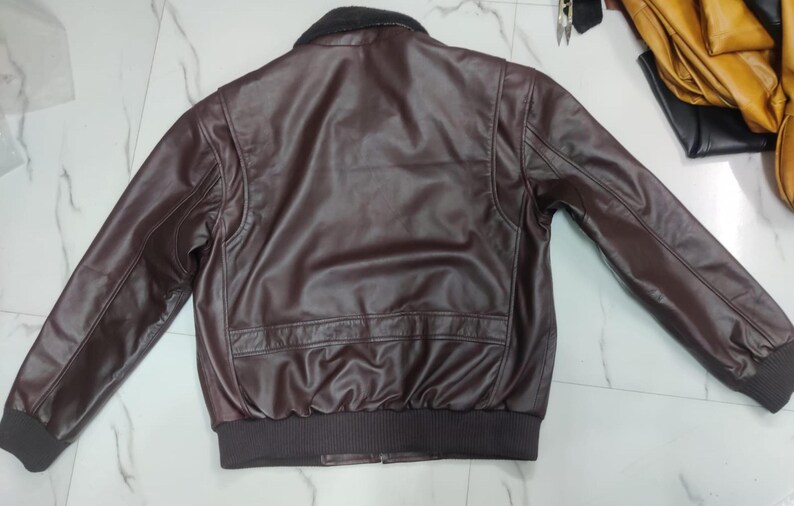 Noorani Mens BOMBER Navy G1 Flight BROWN Genuine AVIATOR Sheep Leather Jacket | Handmade Shearling Fur Real Leather Jacket | Ribbed Jacket image 10