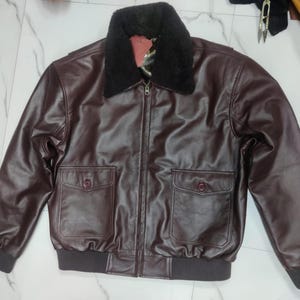 Noorani Mens BOMBER Navy G1 Flight BROWN Genuine AVIATOR Sheep Leather Jacket | Handmade Shearling Fur Real Leather Jacket | Ribbed Jacket image 9
