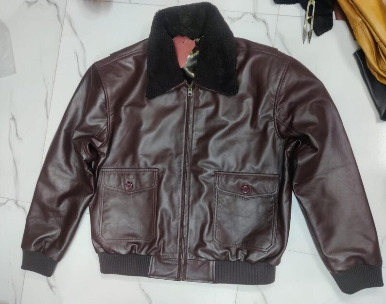 Noorani Mens BOMBER Navy G1 Flight BROWN Genuine AVIATOR Sheep Leather Jacket | Handmade Shearling Fur Real Leather Jacket | Ribbed Jacket image 9