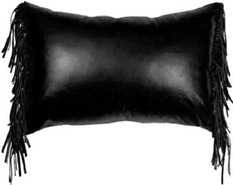 Lambskin FRINGE Leather Cushion Cover BLACK | RECTANGLE Leather Pillow Case, Leather Throw Cover For Decor Home, Housewarming Gift Black