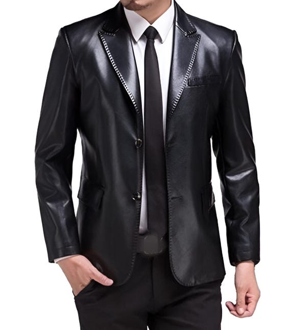 Noorani Men's Black Leather Blazer | Slim Fit Casual Leather Blazer with Two Button | Formal Meeting Wear Blazer, Winter Outwear Blazer