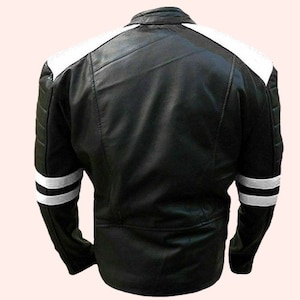May include: Black leather jacket with white stripes on the sleeves and shoulders.