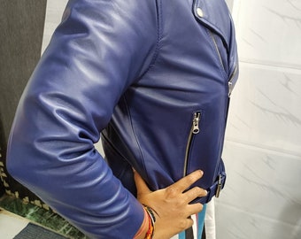 レディース用ネイビーブルーレザージャケット | スタイリッシュな