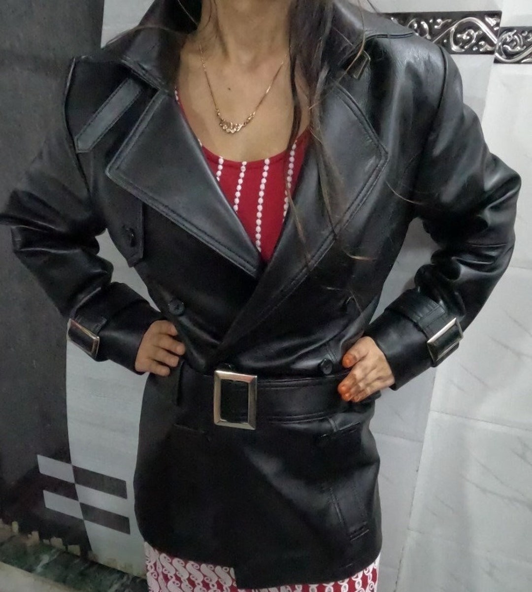 Women BLACK LEATHER Solid Short Thigh Length TRENCH Coat Double  Breasted Leather Coat Gift for Her, Wife Girlfriend Christmas Gift 