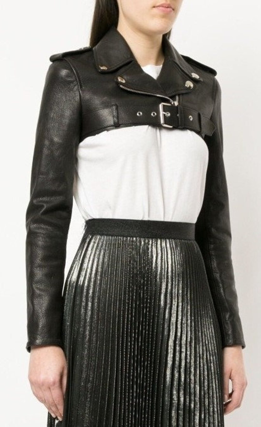 Womens BLACK Leather SHRUG Jacket Lambskin Leather CROPPED Motor Bolero