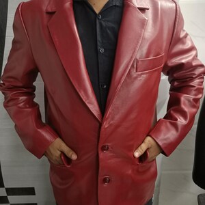 Noorani Men Blood RED Leather Blazer | Slim Fit FORMAL Leather Blazer | Sheepskin Leather 2 Button Closure Blazer | Wedding Partywear Blazer image 4