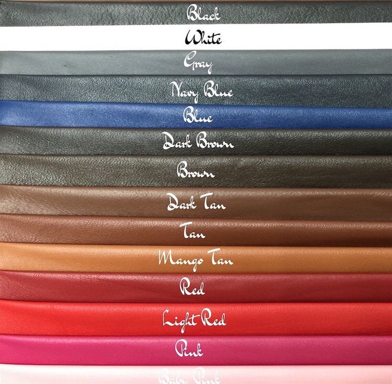 May include: A color chart of leather swatches in various colors, including black, white, gray, navy blue, blue, dark brown, brown, dark tan, tan, mango tan, red, light red, pink, and white. The colors are labeled with their names.