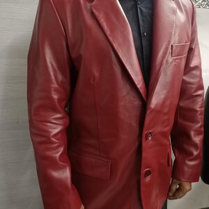 Noorani Men Blood RED Leather Blazer | Slim Fit FORMAL Leather Blazer | Sheepskin Leather 2 Button Closure Blazer | Wedding Partywear Blazer image 6