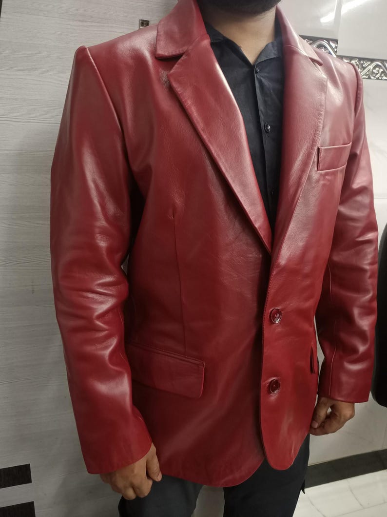 Noorani Men Blood RED Leather Blazer | Slim Fit FORMAL Leather Blazer | Sheepskin Leather 2 Button Closure Blazer | Wedding Partywear Blazer image 6