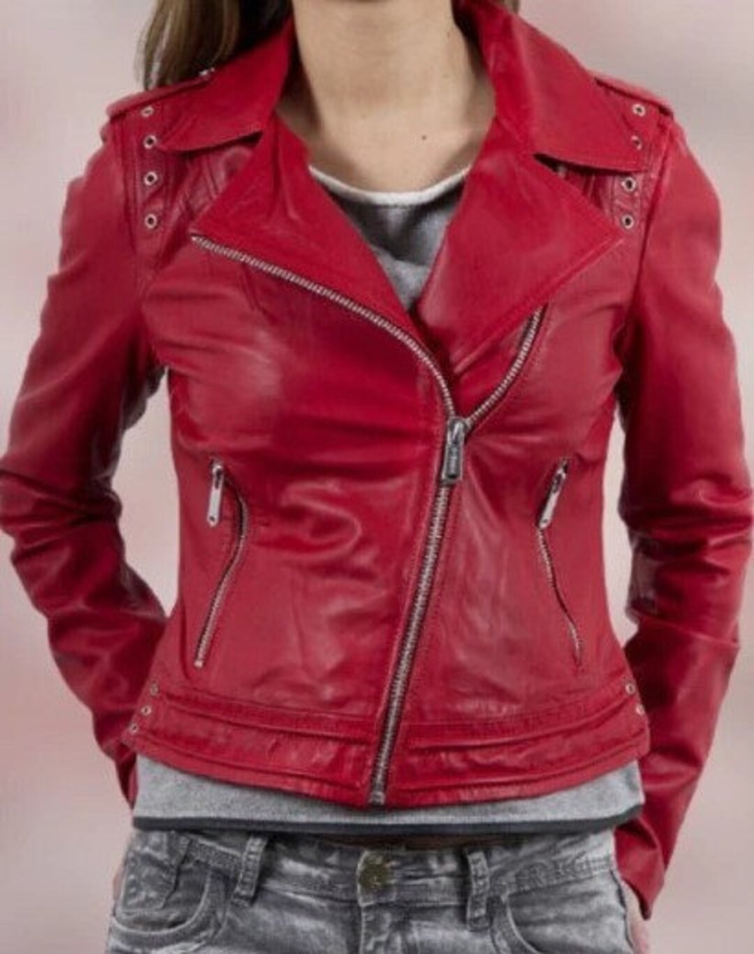 Noorani Womens RED Leather Jacket Stylish BIKER Genuine Etsy