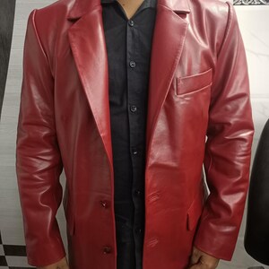 Noorani Men Blood RED Leather Blazer | Slim Fit FORMAL Leather Blazer | Sheepskin Leather 2 Button Closure Blazer | Wedding Partywear Blazer image 5