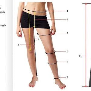 May include: Diagram showing measurements for a pair of black leather pants. The measurements include the waist, hip, inseam, thigh, calf, and pant length.