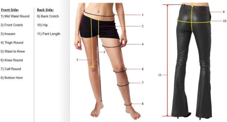 May include: Diagram showing measurements for a pair of black leather pants. The measurements include the waist, hip, inseam, thigh, calf, and pant length.