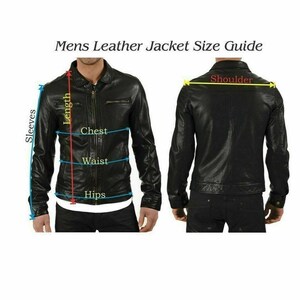 May include: A black leather jacket size guide with measurements for the chest, waist, hips, sleeves, and shoulder.