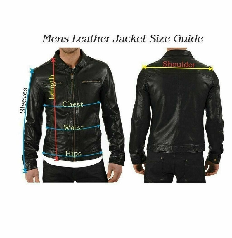 May include: A black leather jacket size guide with measurements for the chest, waist, hips, sleeves, and shoulder.